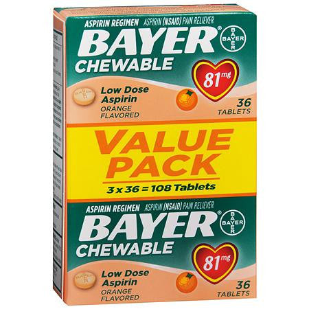 拜耳（Bayer ）低剂量阿司匹林止痛药，81，咀嚼片，超值包，橙味